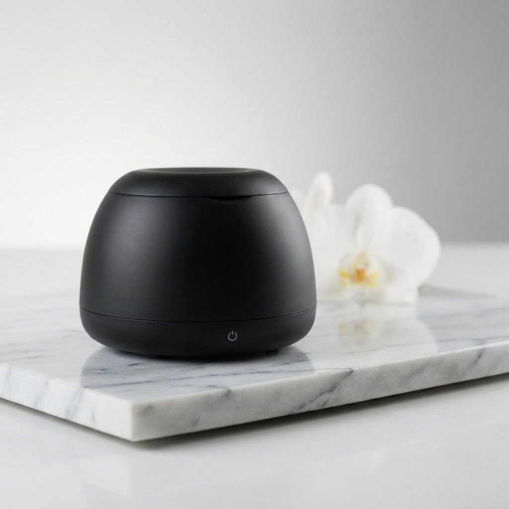 MIST Ultrasonic Capsule with orchid — styled flat lay
