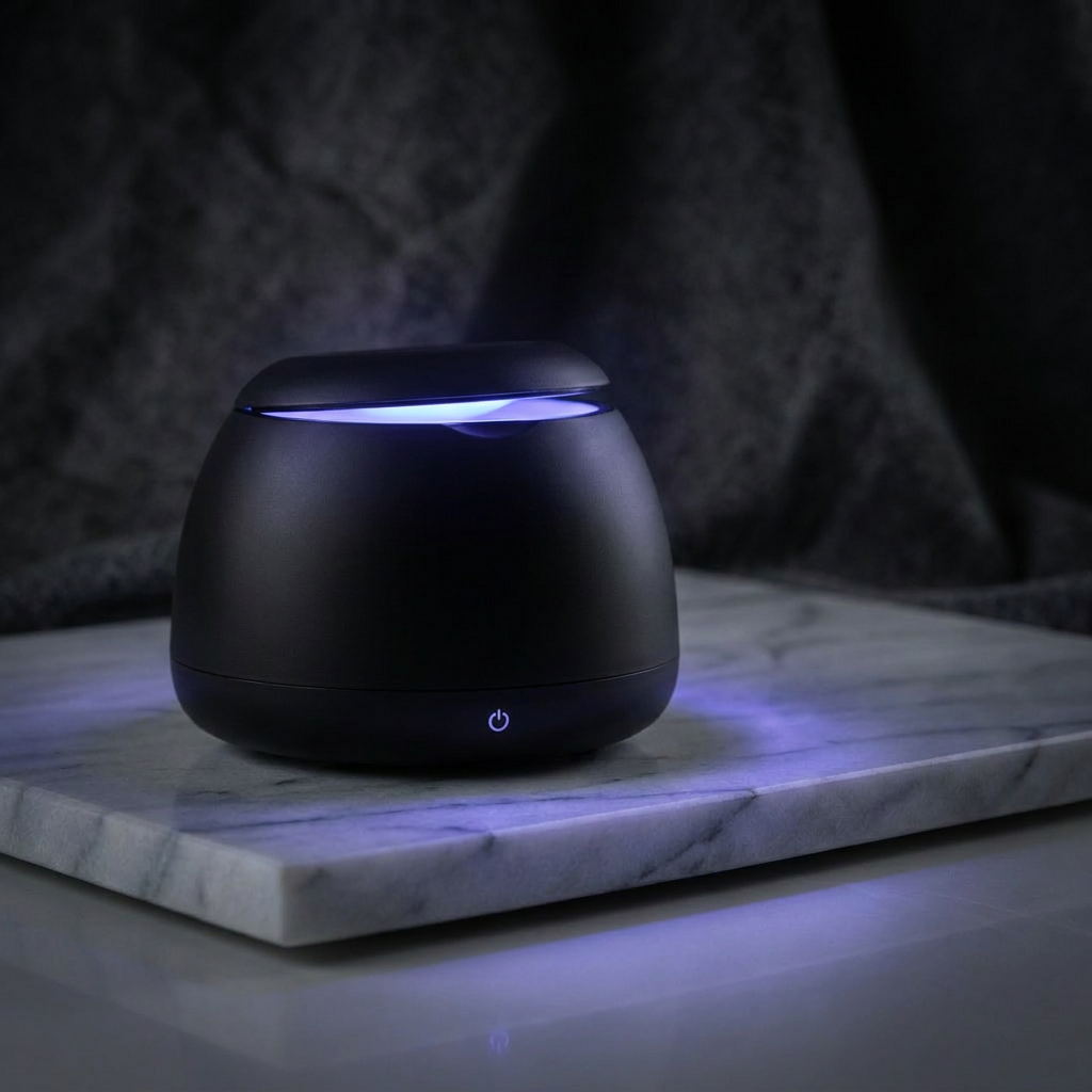 MIST Ultrasonic Capsule — dark moody environment lid slightly open
